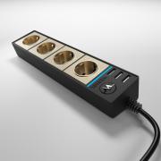 Werkel Розеточный блок 4-х местный + 3 USB черный/шампань рифленый WL20-04-03 Werkel Розеточный блок 4-х местный + 3 USB черный/шампань рифленый WL20-04-03