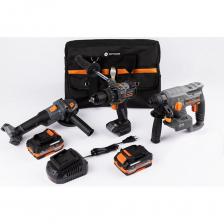 Профессиональный набор Anycons — это готовое решение для широкого спектра строительных задач, где все инструменты работают от совместимых аккумуляторов, обеспечивая непрерывный рабочий процесс.В комплект входят 3 бесщеточных инструмента, 2 аккумулятора, зарядное устройство и специализированная сумка для хранения оборудования и расходных материалов.Ударная дрель-шуруповертпатрон 13ммкрутящий момент 150 Н.м.частота ударов 35000 уд/мин.макс. частота вращения 2200 об/минвес 1,6кгУШМразмер диска 125мммакс. частота вращения 5000/6500/8500 об/минрезьба шпинделя М14вес 1,65кгПерфоратор AC-H408тип хвостовика SDSplusсила удара 2Джчастота вращения 0-4700 об/минвес 2,05кг2 аккумулятора: 4Ач.Все аккумуляторы взаимозаменяемые. Профессиональный набор Anycons — это готовое решение для широкого спектра строительных задач, где все инструменты работают от совместимых аккумуляторов, обеспечивая непрерывный рабочий процесс.В комплект входят 3 бесщеточных инструмента, 2 аккумулятора, зарядное устройство и специализированная сумка для хранения оборудования и расходных материалов.Ударная дрель-шуруповертпатрон 13ммкрутящий момент 150 Н.м.частота ударов 35000 уд/мин.макс. частота вращения 2200 об/минвес 1,6кгУШМразмер диска 125мммакс. частота вращения 5000/6500/8500 об/минрезьба шпинделя М14вес 1,65кгПерфоратор AC-H408тип хвостовика SDSplusсила удара 2Джчастота вращения 0-4700 об/минвес 2,05кг2 аккумулятора: 4Ач.Все аккумуляторы взаимозаменяемые.