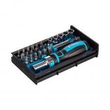 Отвертка реверсивная с набором бит Topfort 25 шт. для работы с крепежными изделиями резьбовых соединений, для закручивания и выкручивания винтов, болтов и других видов крепежного элемента. Особенности изделия: Материал бит и торцевых головок— высокопрочная хромованадиевая сталь специальной закалки. Эргономичная двухкомпонентная рукоятка с вставками из термопластичного каучука (TPR вставка) снижает нагрузку на кисть и способствует крепкому захвату инструмента. Магнитный держатель обеспечивает быструю и надежную замену насадок. Отвертка оснащена реверсивным храповым механизмом. Отвертка реверсивная с набором бит Topfort 25 шт. для работы с крепежными изделиями резьбовых соединений, для закручивания и выкручивания винтов, болтов и других видов крепежного элемента. Особенности изделия: Материал бит и торцевых головок— высокопрочная хромованадиевая сталь специальной закалки. Эргономичная двухкомпонентная рукоятка с вставками из термопластичного каучука (TPR вставка) снижает нагрузку на кисть и способствует крепкому захвату инструмента. Магнитный держатель обеспечивает быструю и надежную замену насадок. Отвертка оснащена реверсивным храповым механизмом.