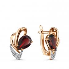 Золотые серьги с гранатом и фианитами с родированием Золотые серьги с гранатом и фианитами с родированием