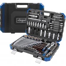 Набор инструментов Scheppach Premium — это универсальное решение для любых задач, состоящее из 130 предметов, которые обеспечивают максимальную комплектацию для работы. Максимальная комплектация: Включает трещоточные и разрезные накидные ключи, 12-гранные торцевые головки, шестигранные и комбинированные ключи, крестовые и шлицевые отвертки, биты, удлинители, карданные шарниры, переходники и держатели для бит. Два посадочных квадрата: Головки на 1/4" и 1/2" подходят для большинства крепежей, что делает набор универсальным для различных видов работ. Премиум-материалы: Инструменты изготовлены из высококачественной хромованадиевой стали (CrV), обеспечивающей прочность и износостойкость. Ударные головки: В комплекте короткие и глубокие 6-гранные ударные головки из хроммолибденовой стали, способные выдерживать большие динамические нагрузки. Эргономика и удобство: Каждый инструмент удобно лежит в руке, а продуманная компоновка кейса обеспечивает быстрый доступ к необходимым предметам. Долговечность: Немецкое качество Scheppach гарантирует сохранение работоспособности даже при интенсивной эксплуатации. Где и как использовать? Автосервис и СТО: Идеален для ремонта и обслуживания автомобилей, мотоциклов и спецтехники. Гараж и домашняя мастерская: Подходит для самостоятельного ремонта, сборки мебели и обслуживания техники. В дороге: Позволяет быстро устранить поломки в поездках и путешествиях. Промышленное и строительное применение: Используется для монтажных и демонтажных работ, обслуживания оборудования и техники. Кому подойдет? Профессиональным механикам на СТО Автолюбителям и владельцам гаражей Домашним мастерам Набор инструментов Scheppach Premium — это отличный подарок для любого мужчины, автолюбителя, мастера или профессионала, который ценит качество и удобство в работе. Набор инструментов Scheppach Premium — это универсальное решение для любых задач, состоящее из 130 предметов, которые обеспечивают максимальную комплектацию для работы. Максимальная комплектация: Включает трещоточные и разрезные накидные ключи, 12-гранные торцевые головки, шестигранные и комбинированные ключи, крестовые и шлицевые отвертки, биты, удлинители, карданные шарниры, переходники и держатели для бит. Два посадочных квадрата: Головки на 1/4" и 1/2" подходят для большинства крепежей, что делает набор универсальным для различных видов работ. Премиум-материалы: Инструменты изготовлены из высококачественной хромованадиевой стали (CrV), обеспечивающей прочность и износостойкость. Ударные головки: В комплекте короткие и глубокие 6-гранные ударные головки из хроммолибденовой стали, способные выдерживать большие динамические нагрузки. Эргономика и удобство: Каждый инструмент удобно лежит в руке, а продуманная компоновка кейса обеспечивает быстрый доступ к необходимым предметам. Долговечность: Немецкое качество Scheppach гарантирует сохранение работоспособности даже при интенсивной эксплуатации. Где и как использовать? Автосервис и СТО: Идеален для ремонта и обслуживания автомобилей, мотоциклов и спецтехники. Гараж и домашняя мастерская: Подходит для самостоятельного ремонта, сборки мебели и обслуживания техники. В дороге: Позволяет быстро устранить поломки в поездках и путешествиях. Промышленное и строительное применение: Используется для монтажных и демонтажных работ, обслуживания оборудования и техники. Кому подойдет? Профессиональным механикам на СТО Автолюбителям и владельцам гаражей Домашним мастерам Набор инструментов Scheppach Premium — это отличный подарок для любого мужчины, автолюбителя, мастера или профессионала, который ценит качество и удобство в работе.