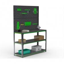 Стол-верстак ООО Металекс серия KIT 950х1800х400 мм, две полки + двойная перфопанель с комплектом аксессуаров, серо-зеленый 204225 Стол-верстак ООО Металекс серия KIT 950х1800х400 мм, две полки + двойная перфопанель с комплектом аксессуаров, серо-зеленый 204225