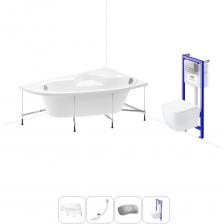 Комплексное предложение для обустройства ванной комнаты по специальной цене. Каждый элемент набора продуман и отвечает лучшим сантехническим решениям для ежедневного комфорта, максимальной гигиены и гарантирует надежный и безопасный монтаж. ВАННА ИЗ ЛИТЬЕВОГО АКРИЛА ОТ LAVINIA BOHO Акриловая ванна Bell Pro производится в размерах от 140*95 до 170*110 см с лево- и правосторонним разворотом, отлично подходит как для небольших помещений, так и для просторных ванных комнат. Угловое расположение чаши позволяет эффективно использовать доступное пространство: одновременно иметь увеличенную длину купели для комфортного купания и оптимальный объем для принятия душа. Отлитый подголовник и сиденье создают дополнительный комфорт для полной релаксации. Широкие площадки на бортиках — идеальное место для размещения косметики и предметов гигиены. Усиленный армированный корпус отлично сохраняет форму и не деформируется при нагрузках и наполнении чаши горячей водой. ПРОЧНЫЙ КАРКАС ИЗ СТАЛИ Ванна монтируется на усиленный стальной каркас и стабилизируется креплениями к стене. Конструкция надежно фиксирует чашу и равномерно распределяет динамическую нагрузку до 500 кг. Регулировка опор по высоте нивелирует перепады уровня пола на различных поверхностях. СИФОН С ПОВЫШЕННОЙ ФУНКЦИОНАЛЬНОСТЬЮ Автоматический слив-перелив Useful Extras от Wellsee с донным клапаном click-clack и съемной накладкой на перелив изготовлен из полипропилена повышенной прочности. Накладка на перелив и крышка донного клапана выполнены из латуни. Функция верхней очистки позволяет с легкостью устранять возможные засоры, а плоский гидрозатвор служит барьером для неприятных канализационных газов и занимает минимум места под ванной. ПОДГОЛОВНИК НА САМОКЛЕЯЩЕЙСЯ ЛЕНТЕ Подголовник на ванну от Wellsee из вспененного полиуретана с гелевой структурой гипоаллергенен и безопасен для здоровья человека. Благодаря волнообразной форме и высокой эластичности подушка мгновенно адаптируется к изгибам тела, равномерно распределяет нагрузку в шейно-воротниковой зоне. Поверхность изделия не впитывает влагу и запахи, что гарантирует высокий уровень гигиены и износостойкость при продолжительном контакте с водой. ПОДВЕСНОЙ УНИТАЗ LAVINIA BOHO СО 100% ОТКРЫТЫМ КРАЕМ Унитаз Lavinia Boho One в минималистичном дизайне — бестселлер поколения безободковой керамики из санфарфора. Гладкая беспористая поверхность обладает повышенной прочностью и износостойкостью, не скапливает грязь и сокращает рост бактерий. Чаша Rimless со скрытым креплением качественно омывается с первого смыва без брызг и обеспечивает 100% гигиеничность и простоту в уходе за изделием. При мощном каскадном смыве выделения сразу попадают в воду и блокируются жидкостью, минимизируя распространение неприятных запахов. БЫСТРОСЪЕМНОЕ СИДЕНЬЕ С КРЫШКОЙ Эргономичная форма сиденья позволяет с удобством расположиться людям разного возраста и комплекции. Благодаря встроенным в петли демпферам сиденье с крышкой опускаются мягко и бесшумно. Установить или снять сиденье можно всего за несколько секунд одним нажатием. Конструкция выдерживает нагрузку до 400 кг и имеет более 100.000 циклов открывания/закрывания. Сиденье из дюропласта гипоаллергенно и полностью безопасно при контакте с кожей человека. УНИВЕРСАЛЬНАЯ ИНСТАЛЛЯЦИЯ С БЕСШОВНЫМ БАЧКОМ Инсталляционная система Lavinia Boho Relfix с универсальным креплением позволяет производить не только стандартный «прямой» монтаж рамы к стене, но и осуществлять «поворотный» монтаж, вплоть до установки в угол помещения. Цельнолитой бачок системы изготовлен из долговечного полимерного материала HDPE и изолирован от конденсационной влаги. Все соединительные элементы бачка для подключения инсталляции к трубопроводу изготовлены из латуни. ДИСПЕНСЕР ДЛЯ ДЕЗОДОРАЦИИ Дозатор для дезинфицирующих средств устанавливается в бачок инсталляционной системы RelFix и поддерживает гигиену унитаза, аромат свежести в туалетной комнате. Благодаря точной подгонке резервуара под туалетные блоки при каждом смыве с водой поступает одинаковое количество дезинфицирующего средства, которое равномерно распределяется по чаше унитаза. УЛ Комплексное предложение для обустройства ванной комнаты по специальной цене. Каждый элемент набора продуман и отвечает лучшим сантехническим решениям для ежедневного комфорта, максимальной гигиены и гарантирует надежный и безопасный монтаж. ВАННА ИЗ ЛИТЬЕВОГО АКРИЛА ОТ LAVINIA BOHO Акриловая ванна Bell Pro производится в размерах от 140*95 до 170*110 см с лево- и правосторонним разворотом, отлично подходит как для небольших помещений, так и для просторных ванных комнат. Угловое расположение чаши позволяет эффективно использовать доступное пространство: одновременно иметь увеличенную длину купели для комфортного купания и оптимальный объем для принятия душа. Отлитый подголовник и сиденье создают дополнительный комфорт для полной релаксации. Широкие площадки на бортиках — идеальное место для размещения косметики и предметов гигиены. Усиленный армированный корпус отлично сохраняет форму и не деформируется при нагрузках и наполнении чаши горячей водой. ПРОЧНЫЙ КАРКАС ИЗ СТАЛИ Ванна монтируется на усиленный стальной каркас и стабилизируется креплениями к стене. Конструкция надежно фиксирует чашу и равномерно распределяет динамическую нагрузку до 500 кг. Регулировка опор по высоте нивелирует перепады уровня пола на различных поверхностях. СИФОН С ПОВЫШЕННОЙ ФУНКЦИОНАЛЬНОСТЬЮ Автоматический слив-перелив Useful Extras от Wellsee с донным клапаном click-clack и съемной накладкой на перелив изготовлен из полипропилена повышенной прочности. Накладка на перелив и крышка донного клапана выполнены из латуни. Функция верхней очистки позволяет с легкостью устранять возможные засоры, а плоский гидрозатвор служит барьером для неприятных канализационных газов и занимает минимум места под ванной. ПОДГОЛОВНИК НА САМОКЛЕЯЩЕЙСЯ ЛЕНТЕ Подголовник на ванну от Wellsee из вспененного полиуретана с гелевой структурой гипоаллергенен и безопасен для здоровья человека. Благодаря волнообразной форме и высокой эластичности подушка мгновенно адаптируется к изгибам тела, равномерно распределяет нагрузку в шейно-воротниковой зоне. Поверхность изделия не впитывает влагу и запахи, что гарантирует высокий уровень гигиены и износостойкость при продолжительном контакте с водой. ПОДВЕСНОЙ УНИТАЗ LAVINIA BOHO СО 100% ОТКРЫТЫМ КРАЕМ Унитаз Lavinia Boho One в минималистичном дизайне — бестселлер поколения безободковой керамики из санфарфора. Гладкая беспористая поверхность обладает повышенной прочностью и износостойкостью, не скапливает грязь и сокращает рост бактерий. Чаша Rimless со скрытым креплением качественно омывается с первого смыва без брызг и обеспечивает 100% гигиеничность и простоту в уходе за изделием. При мощном каскадном смыве выделения сразу попадают в воду и блокируются жидкостью, минимизируя распространение неприятных запахов. БЫСТРОСЪЕМНОЕ СИДЕНЬЕ С КРЫШКОЙ Эргономичная форма сиденья позволяет с удобством расположиться людям разного возраста и комплекции. Благодаря встроенным в петли демпферам сиденье с крышкой опускаются мягко и бесшумно. Установить или снять сиденье можно всего за несколько секунд одним нажатием. Конструкция выдерживает нагрузку до 400 кг и имеет более 100.000 циклов открывания/закрывания. Сиденье из дюропласта гипоаллергенно и полностью безопасно при контакте с кожей человека. УНИВЕРСАЛЬНАЯ ИНСТАЛЛЯЦИЯ С БЕСШОВНЫМ БАЧКОМ Инсталляционная система Lavinia Boho Relfix с универсальным креплением позволяет производить не только стандартный «прямой» монтаж рамы к стене, но и осуществлять «поворотный» монтаж, вплоть до установки в угол помещения. Цельнолитой бачок системы изготовлен из долговечного полимерного материала HDPE и изолирован от конденсационной влаги. Все соединительные элементы бачка для подключения инсталляции к трубопроводу изготовлены из латуни. ДИСПЕНСЕР ДЛЯ ДЕЗОДОРАЦИИ Дозатор для дезинфицирующих средств устанавливается в бачок инсталляционной системы RelFix и поддерживает гигиену унитаза, аромат свежести в туалетной комнате. Благодаря точной подгонке резервуара под туалетные блоки при каждом смыве с водой поступает одинаковое количество дезинфицирующего средства, которое равномерно распределяется по чаше унитаза. УЛ