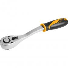 Трещоточный ключ ускоряет процесс работы с крепежом, а также позволяет быстро изменить направления вращения и размер используемой головки. Дополнительным преимуществом при работе с трещоткой является возможность комбинировать привод с удлинителями различной длины, а также карданными шарнирами и переходниками. Трещоточный механизм 72 зубца (5°) Переключатель реверса флажковый Фиксатор кнопочный Материалы инструментальная сталь Cr-V (корпус), Cr-Mo (трещоточный механизм), хром, PP+TPR (рукоять) Трещоточный ключ ускоряет процесс работы с крепежом, а также позволяет быстро изменить направления вращения и размер используемой головки. Дополнительным преимуществом при работе с трещоткой является возможность комбинировать привод с удлинителями различной длины, а также карданными шарнирами и переходниками. Трещоточный механизм 72 зубца (5°) Переключатель реверса флажковый Фиксатор кнопочный Материалы инструментальная сталь Cr-V (корпус), Cr-Mo (трещоточный механизм), хром, PP+TPR (рукоять)