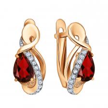 Золотые серьги с гранатом и фианитами с родированием Золотые серьги с гранатом и фианитами с родированием