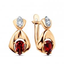 Золотые серьги с гранатом и фианитами с родированием Золотые серьги с гранатом и фианитами с родированием