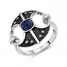 Серебряное кольцо с сапфиром и фианитами с родированием Серебряное кольцо с сапфиром и фианитами с родированием