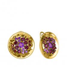 Золотые серьги с аметистами и гранатом с родолитами и черным родированием Золотые серьги с аметистами и гранатом с родолитами и черным родированием