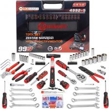 Набор инструментов из 99 предметов от бренда Forcekraft — идеальное решение для профессионалов и любителей, которые ценят качество и надежность в работе. Этот набор станет помощником на СТО, в гараже и в быту, обеспечивая вас всеми необходимыми инструментами для выполнения любых задач, связанных с автомобилями и мототехникой.Широкий выбор инстурментов. Благодаря разнообразию инструментов, вы сможете легко справляться как с небольшими проектами, так и с крупными строительными задачами. Инструменты выполнены из высококачественной хромованадиевой стали (CR-V), что обеспечивает их долговечность и надежность при интенсивном использовании.Удобство хранения. Комплект поставляется в прочном пластиковом кейсе, где у каждого предмета своя ячейка хранения. Это не только защищает инструменты от повреждений, но и делает их транспортировку максимально удобной. Кейс легко поместится в багажник вашего автомобиля, что делает этот набор идеальным спутником в дороге.Качество. Хромованадиевая сталь (CR-V) гарантирует долговечность и надежность инструментов. Инструменты удобно лежат в руке, что позволяет работать долго без усталости.Универсальность. Набор инструментов FORCEKRAFT станет отличным выбором для использования дома, в гараже или на СТО. Он идеально подходит как для мелкого ремонта, так и для крупных строительных проектов. Благодаря своей универсальности и продуманной комплектации, этот набор станет незаменимым помощником в любой ситуации, будь то ремонт автомобиля или мелкие бытовые работы.Пусть любой проект станет легким и быстрым с набором инструментов FORCEKRAFT! Набор инструментов из 99 предметов от бренда Forcekraft — идеальное решение для профессионалов и любителей, которые ценят качество и надежность в работе. Этот набор станет помощником на СТО, в гараже и в быту, обеспечивая вас всеми необходимыми инструментами для выполнения любых задач, связанных с автомобилями и мототехникой.Широкий выбор инстурментов. Благодаря разнообразию инструментов, вы сможете легко справляться как с небольшими проектами, так и с крупными строительными задачами. Инструменты выполнены из высококачественной хромованадиевой стали (CR-V), что обеспечивает их долговечность и надежность при интенсивном использовании.Удобство хранения. Комплект поставляется в прочном пластиковом кейсе, где у каждого предмета своя ячейка хранения. Это не только защищает инструменты от повреждений, но и делает их транспортировку максимально удобной. Кейс легко поместится в багажник вашего автомобиля, что делает этот набор идеальным спутником в дороге.Качество. Хромованадиевая сталь (CR-V) гарантирует долговечность и надежность инструментов. Инструменты удобно лежат в руке, что позволяет работать долго без усталости.Универсальность. Набор инструментов FORCEKRAFT станет отличным выбором для использования дома, в гараже или на СТО. Он идеально подходит как для мелкого ремонта, так и для крупных строительных проектов. Благодаря своей универсальности и продуманной комплектации, этот набор станет незаменимым помощником в любой ситуации, будь то ремонт автомобиля или мелкие бытовые работы.Пусть любой проект станет легким и быстрым с набором инструментов FORCEKRAFT!