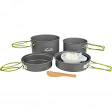 Набор туристической посуды 10 предметов DS301 имеет откидные переносные ручки с термоизолирующим покрытием, которые экономят объем при транспортировке, делая использование посуды более комфортным. Изготовлен из высококачественного алюминия с анодированным покрытием, обеспечивающим надежную защиту от коррозии и царапин, а также предотвращающим окисление алюминия, не допуская его попадания в организм человека. В комплекте идет чехол-сетка для удобства хранения и транспортировки. Набор состоит из : Большая кастрюля - 163x92мм (1.92л); Маленькая кастрюля - 140x80мм (1.23л);Большая сковорода - 165x47мм (1л); Маленькая сковорода - 143x41мм (0.66л), Тарелки - 3 шт.; черпак со складной ручкой - 1 шт.; натуральная мочалка из люфы - 1 шт. Набор туристической посуды 10 предметов DS301 имеет откидные переносные ручки с термоизолирующим покрытием, которые экономят объем при транспортировке, делая использование посуды более комфортным. Изготовлен из высококачественного алюминия с анодированным покрытием, обеспечивающим надежную защиту от коррозии и царапин, а также предотвращающим окисление алюминия, не допуская его попадания в организм человека. В комплекте идет чехол-сетка для удобства хранения и транспортировки. Набор состоит из : Большая кастрюля - 163x92мм (1.92л); Маленькая кастрюля - 140x80мм (1.23л);Большая сковорода - 165x47мм (1л); Маленькая сковорода - 143x41мм (0.66л), Тарелки - 3 шт.; черпак со складной ручкой - 1 шт.; натуральная мочалка из люфы - 1 шт.