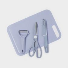 Набор кухонных принадлежностей «Для кухни», 4 предмета: доска, нож, ножницы, овощечистка, МИКС Набор кухонных принадлежностей «Для кухни», 4 предмета: доска, нож, ножницы, овощечистка, МИКС