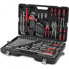 Набор профессионального ручного инструмента из 142 предметов с присоединительным квадратом 1/2", 3/8" и 1/4" предназначен для выполнения широкого спектра слесарно-монтажных работ, технического обслуживания и ремонта автотранспорта, техники и оборудования. В комплект входят 3 свечные головки: 14, 16 и 21 мм. Торцевые головки и аксессуары, а также комбинированные плоскогубцы и стержни усиленных отверток изготовлены из износостойкой закаленной хромованадиевой стали CrV. Биты, вставки и стержни стандартных отверток — из стали S2 с повышенной устойчивостью к истиранию. Трещотки оснащены надежным 45-зубцовым механизмом с храповым колесом из хромомолибденовой стали CrMo и двухкомпонентной маслобензостойкой ручкой. Набор включает в себя широкий диапазон размеров торцевых головок из 53 предметов, включая головки с Е-профилем, а также 17 комбинированных гаечных ключей с рабочими профилями 6-24 мм. Торцевые головки 1/2" и 1/4" — с 6-гранным рабочим профилем, 3/8" — с 12-гранным. В наборе молоток весом 300 грамм с прорезиненной рукоятью из фибергласса, снижающей вибрацию удара. Поставляется в удобном кейсе из ударопрочного пластика с металлическими замками. Размеры кейса — 610x110x410 мм. Набор профессионального ручного инструмента из 142 предметов с присоединительным квадратом 1/2", 3/8" и 1/4" предназначен для выполнения широкого спектра слесарно-монтажных работ, технического обслуживания и ремонта автотранспорта, техники и оборудования. В комплект входят 3 свечные головки: 14, 16 и 21 мм. Торцевые головки и аксессуары, а также комбинированные плоскогубцы и стержни усиленных отверток изготовлены из износостойкой закаленной хромованадиевой стали CrV. Биты, вставки и стержни стандартных отверток — из стали S2 с повышенной устойчивостью к истиранию. Трещотки оснащены надежным 45-зубцовым механизмом с храповым колесом из хромомолибденовой стали CrMo и двухкомпонентной маслобензостойкой ручкой. Набор включает в себя широкий диапазон размеров торцевых головок из 53 предметов, включая головки с Е-профилем, а также 17 комбинированных гаечных ключей с рабочими профилями 6-24 мм. Торцевые головки 1/2" и 1/4" — с 6-гранным рабочим профилем, 3/8" — с 12-гранным. В наборе молоток весом 300 грамм с прорезиненной рукоятью из фибергласса, снижающей вибрацию удара. Поставляется в удобном кейсе из ударопрочного пластика с металлическими замками. Размеры кейса — 610x110x410 мм.