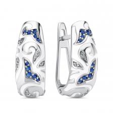 Серебряные серьги с сапфирами и эмалью с фианитами и родированием Серебряные серьги с сапфирами и эмалью с фианитами и родированием