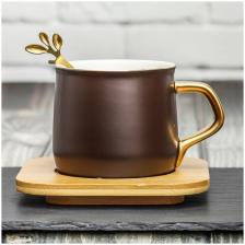 Кружка Золотой Росток с деревянным блюдцем и ложкой, чайная пара, чашка с блюдцем подарочная Эврика (коричневый, 290 мл) женская, мужская для кофе на 14 февраля, 8 марта Кружка Золотой Росток с деревянным блюдцем и ложкой, чайная пара, чашка с блюдцем подарочная Эврика (коричневый, 290 мл) женская, мужская для кофе на 14 февраля, 8 марта