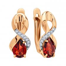 Золотые серьги с гранатом и фианитами с родированием Золотые серьги с гранатом и фианитами с родированием