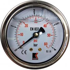 Манометр гидравлический деформационный с трубчатой пружиной, заполненный глицерином. Его тип осевой – выход штуцера расположен на одной оси с манометром. У представленного манометра 2 шкалы измерения в Бар (bar / черная шкала) и Пси (psi / красная шкала). Класс точности: 1,6 Ключ штуцера: 14 х 14 мм Заполнение корпуса: глицерин 99,7% Степень защиты: IP65 Манометр является виброустойчивым и применяется при соответствующих внешних факторах, для измерения давления газообразных и жидких, несильно вязких и не кристаллизирующихся сред, не агрессивных к деталям из медных сплавов. Эти виброустойчивые глицеринозаполненные манометры широко используются в насосном и компрессорном оборудовании, применяются в машиностроении, нефтехимической, пищевой, фармацевтической промышленности. Манометр гидравлический деформационный с трубчатой пружиной, заполненный глицерином. Его тип осевой – выход штуцера расположен на одной оси с манометром. У представленного манометра 2 шкалы измерения в Бар (bar / черная шкала) и Пси (psi / красная шкала). Класс точности: 1,6 Ключ штуцера: 14 х 14 мм Заполнение корпуса: глицерин 99,7% Степень защиты: IP65 Манометр является виброустойчивым и применяется при соответствующих внешних факторах, для измерения давления газообразных и жидких, несильно вязких и не кристаллизирующихся сред, не агрессивных к деталям из медных сплавов. Эти виброустойчивые глицеринозаполненные манометры широко используются в насосном и компрессорном оборудовании, применяются в машиностроении, нефтехимической, пищевой, фармацевтической промышленности.
