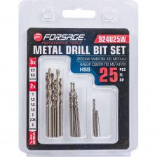 Набор сверл по металлу HSS 25 предметов от бренда Forsage - это набор спиральных свёрл, предназначенных для сверления отверстий в металлических изделиях.Качество. Сверло изготовлено из высококачественной быстрорежущей стали (HSS), которая обеспечивает высокую стойкость, выдающуюся скорость сверления, простым и точным центрированием и длительным сроком службы.Тип сверла - прокатная у-образная спираль, которая обеспечивает эффективное удаление стружки и улучшенную стабильность при сверлении.Универсальность. Цилиндрический хвостовик сверла предназначен для использования с различными типами электроинструментов: дрель, перфоратор, шуруповерт, сверлильный станок. Сверло по металлу HSS используется в производстве металлообрабатывающей промышленности, в ремонтных работах, а также при выполнении базовых домашних работ.Поставляется в блистере, который обеспечивает удобную транспортировку сверл, что позволяет сохранить их в хорошем состоянии на протяжении длительного времени. Набор сверл по металлу HSS 25 предметов от бренда Forsage - это набор спиральных свёрл, предназначенных для сверления отверстий в металлических изделиях.Качество. Сверло изготовлено из высококачественной быстрорежущей стали (HSS), которая обеспечивает высокую стойкость, выдающуюся скорость сверления, простым и точным центрированием и длительным сроком службы.Тип сверла - прокатная у-образная спираль, которая обеспечивает эффективное удаление стружки и улучшенную стабильность при сверлении.Универсальность. Цилиндрический хвостовик сверла предназначен для использования с различными типами электроинструментов: дрель, перфоратор, шуруповерт, сверлильный станок. Сверло по металлу HSS используется в производстве металлообрабатывающей промышленности, в ремонтных работах, а также при выполнении базовых домашних работ.Поставляется в блистере, который обеспечивает удобную транспортировку сверл, что позволяет сохранить их в хорошем состоянии на протяжении длительного времени.