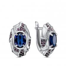 Серебряные серьги с сапфирами и фианитами с родированием Серебряные серьги с сапфирами и фианитами с родированием