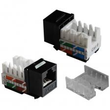Вставка Keystone RJ-45 TWT категория 6, черная, 90 градусов, -OK45UTP/6-BK может использоваться для комплектации неэкранированных телекоммуникационных розеток, устанавливаемых в короб, на стену, в стену, а также для установки в наборные патч-панели (см. таблицу совместимости). Соответствует требованиям категории 6. Модуль имеет стандартный типоразмер Keystone и может использоваться не только в розетках LANMASTER и TWT, но и в розетках других производителей. На лицевой стороне модуля смонтировано восьмиконтактное гнездо типа RJ-45, с боковой стороны установлен блок на восемь контактов типа IDC110, расположенных под углом 90? к лицевой поверхности модуля. Для подключения абонентских кабелей используется способ врезного контакта сквозь изоляцию - IDC. Для удобства монтажа, между разъемами IDC расположена схема подключения проводников кабеля, в соответствии со схемами T568A и T568B. Каждый модуль комплектуется защитной вставкой, обеспечивающими дополнительную фиксацию проводников кабеля, затерминированных в IDC-разъемы, и предохраняющие их от выдергивания при чрезмерном натяжении кабеля. Вставка Keystone RJ-45 TWT категория 6, черная, 90 градусов, -OK45UTP/6-BK может использоваться для комплектации неэкранированных телекоммуникационных розеток, устанавливаемых в короб, на стену, в стену, а также для установки в наборные патч-панели (см. таблицу совместимости). Соответствует требованиям категории 6. Модуль имеет стандартный типоразмер Keystone и может использоваться не только в розетках LANMASTER и TWT, но и в розетках других производителей. На лицевой стороне модуля смонтировано восьмиконтактное гнездо типа RJ-45, с боковой стороны установлен блок на восемь контактов типа IDC110, расположенных под углом 90? к лицевой поверхности модуля. Для подключения абонентских кабелей используется способ врезного контакта сквозь изоляцию - IDC. Для удобства монтажа, между разъемами IDC расположена схема подключения проводников кабеля, в соответствии со схемами T568A и T568B. Каждый модуль комплектуется защитной вставкой, обеспечивающими дополнительную фиксацию проводников кабеля, затерминированных в IDC-разъемы, и предохраняющие их от выдергивания при чрезмерном натяжении кабеля.