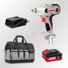 Гайковерт аккумуляторный CT22015HX-4 универсальной платформы 20VMax создан для выполнения работ небольшой и средней сложности. Обладает высокой скоростью заворачивания крепежа в древесину, металл, за счет высокой частоты вращения и частоты ударов, с минимальной отдачей на кисти рук. Ударный гайковерт CT22015HX-4 — незаменимый помощник для серийного выполнения широкого спектра работ: сборочные, монтажные, строительные, ремонтные, автослесарные, демонтажные и т.д. Оснащён электроникой для настройки крутящего момента под выполняемую работу, для регулировки доступны четыре режима настройки крутящего момента (частоты вращения/частоты ударов). Выбор режима работы происходит с помощью кнопки на панели управления, который подтверждается световым индикатором. Ударный аккумуляторный гайковерт оснащен LED-подсветкой рабочей зоны, 4 источника освещения (3 на корпусе редуктора+1 на рукоятке), линзы фокусируют поток света именно в рабочую зону, если LED-подсветка не нужна, то её можно выключить соответствующей кнопкой на панели управления. Аккумулятор 4 А/ч, ЗУ и сумка для хранения и транспортировки в комплекте. Гайковерт аккумуляторный CT22015HX-4 универсальной платформы 20VMax создан для выполнения работ небольшой и средней сложности. Обладает высокой скоростью заворачивания крепежа в древесину, металл, за счет высокой частоты вращения и частоты ударов, с минимальной отдачей на кисти рук. Ударный гайковерт CT22015HX-4 — незаменимый помощник для серийного выполнения широкого спектра работ: сборочные, монтажные, строительные, ремонтные, автослесарные, демонтажные и т.д. Оснащён электроникой для настройки крутящего момента под выполняемую работу, для регулировки доступны четыре режима настройки крутящего момента (частоты вращения/частоты ударов). Выбор режима работы происходит с помощью кнопки на панели управления, который подтверждается световым индикатором. Ударный аккумуляторный гайковерт оснащен LED-подсветкой рабочей зоны, 4 источника освещения (3 на корпусе редуктора+1 на рукоятке), линзы фокусируют поток света именно в рабочую зону, если LED-подсветка не нужна, то её можно выключить соответствующей кнопкой на панели управления. Аккумулятор 4 А/ч, ЗУ и сумка для хранения и транспортировки в комплекте.