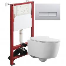 Подвесной безободковый унитаз с инсталляцией и кнопкой смыва от немецкого бренда Agger - функциональное и эргономичное решение. Материал унитаза санфарфор отличается беспористой структурой, высокой прочностью и стойкостью к появлению пятен, что позволит сохранить первоначальный вид изделия на долгие годы использования. Обтекаемая форма корпуса не позволяет скапливаться пыли. Мощный каскадный смыв - подарит комфорт при эксплуатации. Безободковая модель - отсутствие недоступных областей для уборки обеспечит простой уход и отсутствие посторонних запахов. В комплекте быстросъемная крышка-сиденье с функцией плавного закрывания Soft-close, сиденье изготовлено из прочного материала - дюропласта, петли крышки-сиденья из нержавеющей стали. Скрытая система монтажа, цвет глянцевый белый. Инсталляция обеспечит минимальный уровень шума и максимальный уровень комфорта при эксплуатации. В комплект входят все необходимые крепления. Максимально допустимая нагрузка 400 кг. Объем смыва 3 и 6 литра позволяет экономить воду, снижая ее расход. Ширина рамы - 500 мм, глубина - 145/165 мм, высота - 1125/1325 мм. Материал - сталь. Кнопка смыва с механическим управлением отличается современным дизайном и гармонично дополнит интерьер. Выполнена в цвете глянцевый хром. Форма кнопок - прямоугольная, материал - пластик. Гарантия: 25 лет - унитаз, 10 лет - инсталляция, 2 года - кнопка смыва. Подвесной безободковый унитаз с инсталляцией и кнопкой смыва от немецкого бренда Agger - функциональное и эргономичное решение. Материал унитаза санфарфор отличается беспористой структурой, высокой прочностью и стойкостью к появлению пятен, что позволит сохранить первоначальный вид изделия на долгие годы использования. Обтекаемая форма корпуса не позволяет скапливаться пыли. Мощный каскадный смыв - подарит комфорт при эксплуатации. Безободковая модель - отсутствие недоступных областей для уборки обеспечит простой уход и отсутствие посторонних запахов. В комплекте быстросъемная крышка-сиденье с функцией плавного закрывания Soft-close, сиденье изготовлено из прочного материала - дюропласта, петли крышки-сиденья из нержавеющей стали. Скрытая система монтажа, цвет глянцевый белый. Инсталляция обеспечит минимальный уровень шума и максимальный уровень комфорта при эксплуатации. В комплект входят все необходимые крепления. Максимально допустимая нагрузка 400 кг. Объем смыва 3 и 6 литра позволяет экономить воду, снижая ее расход. Ширина рамы - 500 мм, глубина - 145/165 мм, высота - 1125/1325 мм. Материал - сталь. Кнопка смыва с механическим управлением отличается современным дизайном и гармонично дополнит интерьер. Выполнена в цвете глянцевый хром. Форма кнопок - прямоугольная, материал - пластик. Гарантия: 25 лет - унитаз, 10 лет - инсталляция, 2 года - кнопка смыва.