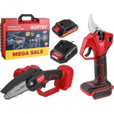 Пила цепная аккумуляторная WORTEX LX CEC 2518-1 XLT и Секатор аккумуляторный WORTEX CBS 2030 ALL1 SET (1329851) Пила цепная аккумуляторная WORTEX LX CEC 2518-1 XLT входит в систему инструмента на одной батарее WORTEX ALL1. Имеет небольшой вес и компактный дизайн. Идеально подойдёт для обрезки веток в саду и распила древесины небольшой толщины. Секатор аккумуляторный WORTEX CBS 2030 идеально подходит для комплексного ухода за садом: обрезки ветвей кустарников и деревьев. Секатор обладает высокой режущей способностью благодаря острому ножу из твердой стали. Бесщёточный двигатель делает инструмент компактным и значительно продлевает срок его службы. Для удобства пользователя предусмотрена трехпозиционная электронная регулировка толщины реза до 28 мм. Имеет встроенный дисплей, отображающий процент заряда батареи. Обладает высокой скоростью работы, где один цикл занимает не более 1 секунды. Прорезиненная рукоятка добавит дополнительный комфорт при работе. Также модель совместима с телескопической штангой (в комплект не входит). Пила цепная аккумуляторная WORTEX LX CEC 2518-1 XLT и Секатор аккумуляторный WORTEX CBS 2030 ALL1 SET (1329851) Пила цепная аккумуляторная WORTEX LX CEC 2518-1 XLT входит в систему инструмента на одной батарее WORTEX ALL1. Имеет небольшой вес и компактный дизайн. Идеально подойдёт для обрезки веток в саду и распила древесины небольшой толщины. Секатор аккумуляторный WORTEX CBS 2030 идеально подходит для комплексного ухода за садом: обрезки ветвей кустарников и деревьев. Секатор обладает высокой режущей способностью благодаря острому ножу из твердой стали. Бесщёточный двигатель делает инструмент компактным и значительно продлевает срок его службы. Для удобства пользователя предусмотрена трехпозиционная электронная регулировка толщины реза до 28 мм. Имеет встроенный дисплей, отображающий процент заряда батареи. Обладает высокой скоростью работы, где один цикл занимает не более 1 секунды. Прорезиненная рукоятка добавит дополнительный комфорт при работе. Также модель совместима с телескопической штангой (в комплект не входит).
