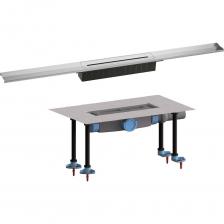 Душевой лоток для линейного отведения воды. В комплект входят: решётка из высококачественной нержавеющей стали серии "Стандарт", длиной 1000 мм, регулируемые по высоте винтовые опоры со звукоизолирующими резиновыми вставками (минимальная высота монтажа 90 мм), специальный комплект для жидкой гидроизоляции, монтажный короб (регулировка высоты монтажа 12-32 мм), вынимающийся сифон (высота гидрозатвора — 50 мм). Корпус трапа выполнен из ПП (полипропилен), выпуск горизонтальный с шаровым шарниром DN50. Благодаря особенности конструкции, выпуск лотка возможен в любом направлении — вперёд-назад, вправо-влево. Максимальная пропускная способность - 0,8 л/сек, максимальная нагрузка - 300 кг. Душевой лоток для линейного отведения воды. В комплект входят: решётка из высококачественной нержавеющей стали серии "Стандарт", длиной 1000 мм, регулируемые по высоте винтовые опоры со звукоизолирующими резиновыми вставками (минимальная высота монтажа 90 мм), специальный комплект для жидкой гидроизоляции, монтажный короб (регулировка высоты монтажа 12-32 мм), вынимающийся сифон (высота гидрозатвора — 50 мм). Корпус трапа выполнен из ПП (полипропилен), выпуск горизонтальный с шаровым шарниром DN50. Благодаря особенности конструкции, выпуск лотка возможен в любом направлении — вперёд-назад, вправо-влево. Максимальная пропускная способность - 0,8 л/сек, максимальная нагрузка - 300 кг.