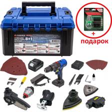 Многофункциональный аккумуляторный инструмент Forsage — это универсальное решение для дома, мастерской и профессионального использования. Оснащён мощной базой с напряжением 21В и сменными насадками, он объединяет в себе 8 различных инструментов: ударную дрель, многофункциональный осциллятор, сабельную пилу, шлифовальную машину, цепную пилу, мощную отвёртку, а также аккумулятор с функцией PowerBank и зарядное устройство.Особенности и характеристики:Мощная база 21В Обеспечивает стабильную работу всех насадок с высокой производительностью. Скорость холостого хода до 24000 об/мин — для точных и быстрых операций.Ударная дрель — 35 Н·м, сверление и удар до 21000 уд/минМногофункциональный инструмент — резка и шлифовка, угол 3°, до 21000 уд/минСабельная пила — ход 15 мм, до 3300 об/минОтвёртка — 180 Н·м, до 3600 уд/мин, патрон 1/4"Шлифмашина — до 10000 об/мин, основание 135x94 ммЦепная пила — направляющая 4", цепь 7 м/сАккумулятор 3 Ah + PowerBank — USB 1A/2A, светодиодный дисплей.Высокая производительность — до 24000 об/мин и 180 Н·м крутящего моментаУниверсальность — подходит для сверления, пиления, шлифовки, заворачиванияКомпактность и мобильность — удобно брать с собой на объектУдобный кейс с расширенными возможностями Кейс оснащён двумя ручками — сверху и сбоку — для комфортной переноски в любом положении. Дополнительные крепления позволяют надёжно зафиксировать второй ящик при необходимости, обеспечивая удобство хранения и транспортировки. Многофункциональный аккумуляторный инструмент Forsage — это универсальное решение для дома, мастерской и профессионального использования. Оснащён мощной базой с напряжением 21В и сменными насадками, он объединяет в себе 8 различных инструментов: ударную дрель, многофункциональный осциллятор, сабельную пилу, шлифовальную машину, цепную пилу, мощную отвёртку, а также аккумулятор с функцией PowerBank и зарядное устройство.Особенности и характеристики:Мощная база 21В Обеспечивает стабильную работу всех насадок с высокой производительностью. Скорость холостого хода до 24000 об/мин — для точных и быстрых операций.Ударная дрель — 35 Н·м, сверление и удар до 21000 уд/минМногофункциональный инструмент — резка и шлифовка, угол 3°, до 21000 уд/минСабельная пила — ход 15 мм, до 3300 об/минОтвёртка — 180 Н·м, до 3600 уд/мин, патрон 1/4"Шлифмашина — до 10000 об/мин, основание 135x94 ммЦепная пила — направляющая 4", цепь 7 м/сАккумулятор 3 Ah + PowerBank — USB 1A/2A, светодиодный дисплей.Высокая производительность — до 24000 об/мин и 180 Н·м крутящего моментаУниверсальность — подходит для сверления, пиления, шлифовки, заворачиванияКомпактность и мобильность — удобно брать с собой на объектУдобный кейс с расширенными возможностями Кейс оснащён двумя ручками — сверху и сбоку — для комфортной переноски в любом положении. Дополнительные крепления позволяют надёжно зафиксировать второй ящик при необходимости, обеспечивая удобство хранения и транспортировки.