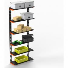 Настенный модульный стеллаж используется для хранения вещей и документов в офисах, на производстве, на складах, в магазинах, в доме, на балконах, на дачах и других помещениях. Распределенная нагрузка на полку до 20 кг, распределенная нагрузка на стеллаж до 100 кг. Данный стеллаж поставляется с металлическими полками толщиной 0.8 мм, которые имеют дополнительные ребра жесткости. Стойки и кронштейны выполнены из 1.5 миллиметровой стали. Безболтовое соединение обеспечит легкую и быструю сборку. Полки можно выставлять на любом удобном для Вас уровне.Цвет : оранжево-чёрный. Настенный модульный стеллаж используется для хранения вещей и документов в офисах, на производстве, на складах, в магазинах, в доме, на балконах, на дачах и других помещениях. Распределенная нагрузка на полку до 20 кг, распределенная нагрузка на стеллаж до 100 кг. Данный стеллаж поставляется с металлическими полками толщиной 0.8 мм, которые имеют дополнительные ребра жесткости. Стойки и кронштейны выполнены из 1.5 миллиметровой стали. Безболтовое соединение обеспечит легкую и быструю сборку. Полки можно выставлять на любом удобном для Вас уровне.Цвет : оранжево-чёрный.