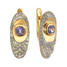Серебряные серьги с танзанитами и фианитами с позолотой Серебряные серьги с танзанитами и фианитами с позолотой