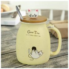 Кружка Котик, 500 мл, с деревянной крышкой и ложкой, цвет и рисунок микс Кружка Котик, 500 мл, с деревянной крышкой и ложкой, цвет и рисунок микс