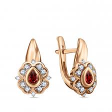 Золотые серьги с гранатом и фианитами с родированием Золотые серьги с гранатом и фианитами с родированием