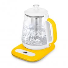 Электрический чайник КТ-6755 может не только вскипятить воду, но и нагреть ее до температуры 45, 60, 70, 80 или 90 °С, что очень удобно при заваривании различных сортов чая и кофе, а также для приготовления детского питания. Чайник также оснащен функцией поддержания температуры в течение 12 часов. Температура воды контролируется встроенным в дно чайника термодатчиком.Корпус чайника выполнен из стекла и пластика. Мерная шкала нанесена на стеклянную часть корпуса. Пластиковая ручка чайника позволяет удобно держать его в руке: ручка не скользит и не нагревается благодаря особенностям конструкции. Чайник также оснащен фильтром из нержавеющей стали для чая или кофе. Подставка с центральным контактом дает возможность располагать на ней чайник в любом положении, обеспечивая вращение на 360°.Панель управления с дисплеем находится на подставке чайника. На дисплее отображается текущая температура воды в чайнике, а при установке температуры — температура нагрева воды. При поддержании температуры также отображается оставшееся время работы.Нагревательный элемент (ТЭН) у этой модели чайника скрытый и находится в донной части. Сверху он закрыт специальной металлической пластиной из нержавеющей стали, благодаря которой исключается прямой контакт ТЭНа с водой. Такая конструкция препятствует образованию накипи, облегчает уход и значительно снижает шум при нагревании воды.Полный чайник закипает примерно за 9 минут. Прибор имеет защиту от перегрева и от включения без воды. Электрический чайник КТ-6755 может не только вскипятить воду, но и нагреть ее до температуры 45, 60, 70, 80 или 90 °С, что очень удобно при заваривании различных сортов чая и кофе, а также для приготовления детского питания. Чайник также оснащен функцией поддержания температуры в течение 12 часов. Температура воды контролируется встроенным в дно чайника термодатчиком.Корпус чайника выполнен из стекла и пластика. Мерная шкала нанесена на стеклянную часть корпуса. Пластиковая ручка чайника позволяет удобно держать его в руке: ручка не скользит и не нагревается благодаря особенностям конструкции. Чайник также оснащен фильтром из нержавеющей стали для чая или кофе. Подставка с центральным контактом дает возможность располагать на ней чайник в любом положении, обеспечивая вращение на 360°.Панель управления с дисплеем находится на подставке чайника. На дисплее отображается текущая температура воды в чайнике, а при установке температуры — температура нагрева воды. При поддержании температуры также отображается оставшееся время работы.Нагревательный элемент (ТЭН) у этой модели чайника скрытый и находится в донной части. Сверху он закрыт специальной металлической пластиной из нержавеющей стали, благодаря которой исключается прямой контакт ТЭНа с водой. Такая конструкция препятствует образованию накипи, облегчает уход и значительно снижает шум при нагревании воды.Полный чайник закипает примерно за 9 минут. Прибор имеет защиту от перегрева и от включения без воды.