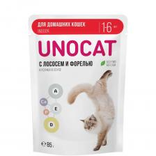 UnoCat Влажный корм (пауч) для домашних кошек, нежные кусочки с лососем и форелью в соусе, 85 гр. UnoCat Влажный корм (пауч) для домашних кошек, нежные кусочки с лососем и форелью в соусе, 85 гр.