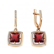 Золотые серьги с гранатом и фианитами с родированием Золотые серьги с гранатом и фианитами с родированием