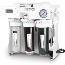 Гейзер Presto – система обратного осмоса с подмесом фильтрованной воды. Необходимый уровень минерализации достигается смешиванием воды, очищенной картриджем АРАГОН БИО, и прошедшей через мембрану. Данный фильтр одинаково успешно может быть применен в городской квартире, в загородном доме, в кафе, столовых и ресторанах, а также для получения особо чистой воды на различных производствах. Идеален для кофеен, баров, кондитерских, кафе и небольших ресторанов, где требуется вода с индивидуальным минеральным составом. Особенности фильтра обратного осмоса Гейзер Presto: Наличие подмеса с регулировкой, что позволяет получать минерализованную воду, в том числе для улучшения вкусовых качеств приготавливаемых напитков (кофе, чай). При желании получить обратноосмотическую воду подмес можно полностью перекрыть; Высокая производительность за счет применения мембраны 1000 GPD, а также подачи воды в фильтр через трубку 3/8"; Автоматическая промывка мембраны при отключении и последующей подаче питания на фильтр, а также каждые 6 часов при длительном простое (когда кран чистой воды не открывается более 6 часов подряд); Возможность контролировать степень загрязненности мембраны за счет наличия манометра перед входом в корпус мембраны. Этапы очистки воды: Предочистка полипропиленовым картриджем PP 5 (10SL); Комплексные очистка и обеззараживание картриджем АРАГОН БИО; Сверхтонкая очистка мембраной GEYSER 3213-1000 GPD; Посточистка угольным картриджем МИКС БЛОК 0,6 (10SL). Гейзер Presto – система обратного осмоса с подмесом фильтрованной воды. Необходимый уровень минерализации достигается смешиванием воды, очищенной картриджем АРАГОН БИО, и прошедшей через мембрану. Данный фильтр одинаково успешно может быть применен в городской квартире, в загородном доме, в кафе, столовых и ресторанах, а также для получения особо чистой воды на различных производствах. Идеален для кофеен, баров, кондитерских, кафе и небольших ресторанов, где требуется вода с индивидуальным минеральным составом. Особенности фильтра обратного осмоса Гейзер Presto: Наличие подмеса с регулировкой, что позволяет получать минерализованную воду, в том числе для улучшения вкусовых качеств приготавливаемых напитков (кофе, чай). При желании получить обратноосмотическую воду подмес можно полностью перекрыть; Высокая производительность за счет применения мембраны 1000 GPD, а также подачи воды в фильтр через трубку 3/8"; Автоматическая промывка мембраны при отключении и последующей подаче питания на фильтр, а также каждые 6 часов при длительном простое (когда кран чистой воды не открывается более 6 часов подряд); Возможность контролировать степень загрязненности мембраны за счет наличия манометра перед входом в корпус мембраны. Этапы очистки воды: Предочистка полипропиленовым картриджем PP 5 (10SL); Комплексные очистка и обеззараживание картриджем АРАГОН БИО; Сверхтонкая очистка мембраной GEYSER 3213-1000 GPD; Посточистка угольным картриджем МИКС БЛОК 0,6 (10SL).