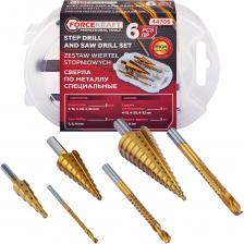 Набор ступенчатых сверл от Forcekraft предназначен для получения отверстий различного диаметра без необходимости менять режущий инструмент. Идеально подходит для работы с листовыми и тонкостенными изделиями из стали, цветных металлов и нержавеющей стали.Материалы и характеристики:Материал: Высоколегированная подшипниковая стальПреимущества: Высокая прочность, износостойкость и способность выдерживать большие нагрузкиТвердость: HRC 48 по шкале РоквеллаПринцип работы:Каждый следующий размер сверла имеет плавный переход в виде ступеньки, что позволяет получать аккуратные отверстия нужного диаметра, не меняя насадки. Это обеспечивает ровные кромки по сравнению с традиционными спиральными и перовыми сверлами.Применение:Обработка тонкого листового металлаРабота с цветными металлами без деформацииПодходит для ПВХ, гипсокартона, пластика, древесных плитИспользование в производстве, металлообрабатывающей промышленности, ремонтных работах и базовых домашних работахУдобство и транспортировка:Сверла поставляются в кейсе, что обеспечивает удобную транспортировку и сохранность инструмента в хорошем состоянии на протяжении длительного времени. Совместимы с различными моделями станков и дрелей (сверлильный станок, ручная и аккумуляторная дрель).Набор ступенчатых сверл от Forcekraft — это эффективный и удобный инструмент, который позволяет значительно экономить время и усилия при выполнении работ с металлом и другими материалами. Набор ступенчатых сверл от Forcekraft предназначен для получения отверстий различного диаметра без необходимости менять режущий инструмент. Идеально подходит для работы с листовыми и тонкостенными изделиями из стали, цветных металлов и нержавеющей стали.Материалы и характеристики:Материал: Высоколегированная подшипниковая стальПреимущества: Высокая прочность, износостойкость и способность выдерживать большие нагрузкиТвердость: HRC 48 по шкале РоквеллаПринцип работы:Каждый следующий размер сверла имеет плавный переход в виде ступеньки, что позволяет получать аккуратные отверстия нужного диаметра, не меняя насадки. Это обеспечивает ровные кромки по сравнению с традиционными спиральными и перовыми сверлами.Применение:Обработка тонкого листового металлаРабота с цветными металлами без деформацииПодходит для ПВХ, гипсокартона, пластика, древесных плитИспользование в производстве, металлообрабатывающей промышленности, ремонтных работах и базовых домашних работахУдобство и транспортировка:Сверла поставляются в кейсе, что обеспечивает удобную транспортировку и сохранность инструмента в хорошем состоянии на протяжении длительного времени. Совместимы с различными моделями станков и дрелей (сверлильный станок, ручная и аккумуляторная дрель).Набор ступенчатых сверл от Forcekraft — это эффективный и удобный инструмент, который позволяет значительно экономить время и усилия при выполнении работ с металлом и другими материалами.