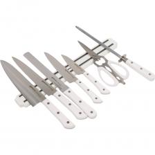 Фирменный супер-сет Harakiri представляет многофункциональный комплект из 5-ти ножей, магнитного держателя, ножниц и мусата для заточки. Возможности этого суперсета охватывают весь необходимый на кухне спектр действий. Они позволяют без проблем работать практически с любыми продуктами. Овощной эффективно почистит и порежет небольшие фрукты и овощи, универсальным аккуратно нарезать ингредиенты для салата, а европейский Шеф просто создан для шинковки и рубки овощей. Превосходная ножевая сталь AUS-8 ответственна за лёгкость реза, а отличная балансировка позволяет долго орудовать любым ножом из этой коллекции. Эргономичная рукоятка приятна на ощупь, удобно сидит в руке и не пытается провернуться в ладони. Мусат для ножей– универсальный заточный инструмент, подходящий для любого ножа (за исключением ножей с серрейторной заточкой). Предназначен он не для заточки, а для лёгкой правки и поддержания безупречной остроты режущей кромки.Универсальныекухонные ножницы - профессионально быстро измельчат пучок зелени, цветную капусту или брокколи, срежут корешки или ботву с овощей. Столь же эффективно они удалят плавники с рыбы или излишки кожи с курицы. Специальные выемки между рукоятками предназначены для колки орехов и открывания бутылок. А расположенный сверху консервный нож легко откроет металлическую банку.Магнитный настенный держатель для ножей - аксессуар который можно прикрепить в любом удобном месте, предоставляя владельцам быстрый и беспрепятственный доступ к ножам. Фирменный супер-сет Harakiri представляет многофункциональный комплект из 5-ти ножей, магнитного держателя, ножниц и мусата для заточки. Возможности этого суперсета охватывают весь необходимый на кухне спектр действий. Они позволяют без проблем работать практически с любыми продуктами. Овощной эффективно почистит и порежет небольшие фрукты и овощи, универсальным аккуратно нарезать ингредиенты для салата, а европейский Шеф просто создан для шинковки и рубки овощей. Превосходная ножевая сталь AUS-8 ответственна за лёгкость реза, а отличная балансировка позволяет долго орудовать любым ножом из этой коллекции. Эргономичная рукоятка приятна на ощупь, удобно сидит в руке и не пытается провернуться в ладони. Мусат для ножей– универсальный заточный инструмент, подходящий для любого ножа (за исключением ножей с серрейторной заточкой). Предназначен он не для заточки, а для лёгкой правки и поддержания безупречной остроты режущей кромки.Универсальныекухонные ножницы - профессионально быстро измельчат пучок зелени, цветную капусту или брокколи, срежут корешки или ботву с овощей. Столь же эффективно они удалят плавники с рыбы или излишки кожи с курицы. Специальные выемки между рукоятками предназначены для колки орехов и открывания бутылок. А расположенный сверху консервный нож легко откроет металлическую банку.Магнитный настенный держатель для ножей - аксессуар который можно прикрепить в любом удобном месте, предоставляя владельцам быстрый и беспрепятственный доступ к ножам.