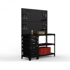 Стол-верстак c одной тумбой + двойная перфопанель с комплектом аксессуаров (чёрный) подойдет для небольшой мастерской или производственного помещения. Помимо самой столешницы имеется: 2 полки, 2 перфопанелb, комплект аксессуаров и 5 ящиков для рационального хранение различных предметов (мелких деталей, документации, инструментов). Используется для организации рабочих мест на производствах, на складах, в гаражах, мастерских, автосервисах и на других объектах. Предназначен для слесарных и сборочных работ. Крепление: комбинированное. Не используются шарико-телескопические направляющие, ящики выдвигаются на основе металлических направляющих толщиной 2 мм, что позволяет увеличить нагрузку на ящики и их долговечность.Перфопанелb с комплектом аксессуаров является дополнительный элементом для стола - верстака, который увеличивает рабочее пространство и структурирует хранение инструмента. Перфопанели из стали толщиной 0.8 мм. Крепление панели: болтовое. Стол-верстак выполнен из стали толщиной 1,5 мм. Максимум распределённой нагрузки на весь верстак составляет - до 350 кг. Максимум распределённой нагрузки на полку составляет - до 100 кг. Крепление стола: безболтовое. Цвет: черный Стол-верстак c одной тумбой + двойная перфопанель с комплектом аксессуаров (чёрный) подойдет для небольшой мастерской или производственного помещения. Помимо самой столешницы имеется: 2 полки, 2 перфопанелb, комплект аксессуаров и 5 ящиков для рационального хранение различных предметов (мелких деталей, документации, инструментов). Используется для организации рабочих мест на производствах, на складах, в гаражах, мастерских, автосервисах и на других объектах. Предназначен для слесарных и сборочных работ. Крепление: комбинированное. Не используются шарико-телескопические направляющие, ящики выдвигаются на основе металлических направляющих толщиной 2 мм, что позволяет увеличить нагрузку на ящики и их долговечность.Перфопанелb с комплектом аксессуаров является дополнительный элементом для стола - верстака, который увеличивает рабочее пространство и структурирует хранение инструмента. Перфопанели из стали толщиной 0.8 мм. Крепление панели: болтовое. Стол-верстак выполнен из стали толщиной 1,5 мм. Максимум распределённой нагрузки на весь верстак составляет - до 350 кг. Максимум распределённой нагрузки на полку составляет - до 100 кг. Крепление стола: безболтовое. Цвет: черный