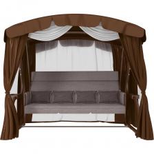 Качели садовые 4х-местные c антимоскитной сеткой. Размеры качелей в собранном виде: длина 246 см, ширина 150см, высота 190 см. Длина дивана 200 см. 4 посадочных места. Максимальная нагрузка на качели садовые взрослые 400 кг.Качели садовые изготовлены из металла - холоднокатаной стальной трубы ?63 мм, толщиной 1,5 мм с полимерным покрытием из порошковой полиэфирной краски, запеченной при высокой температур. Диван раскладывается до положения кровати.Мягкий диван изготовлен в виде цельных сиденья, спинки и подголовника. Подголовник, передняя сторона спинки и сидения дивана сшиты из ткани типа "рогожка", состав - полиэфир 100%, плотностью 340г/м. Задняя сторона сшита из спанбонда. Ткань с водоотталкивающей пропиткой. Наполнителем мягкого дивана является холкон, плотностью 1200. Крыша садовые качели для дачи дугообразная, с узлом регулировки наклона каркаса тента. Тент качели для дачи и сада сшит из ткани ткань Оксфорд плотностью 210 г/м. Есть антимоскитная сетка (АМС) белого цвета со ставками по углам из ткани Оксфорд, плотностью 210 г/м , предохраняющая от комаров, мошкары. АМС можно полностью закрыть или открыть с помощь замков "молния", расположенных по двум углам передней стороны качелей. АМС можно полностью поднять и закрепить под тентом. В комплекте качели для дачи также входят два больших пластиковых подстаканника, 4 подушки 50х30 см и два мягких подлокотника, сшитых из ткани типа "рогожка", состав - полиэфир 100%, плотностью 340г/м, с наполнителем полиэфирное волокно. Качели садовые 4х-местные c антимоскитной сеткой. Размеры качелей в собранном виде: длина 246 см, ширина 150см, высота 190 см. Длина дивана 200 см. 4 посадочных места. Максимальная нагрузка на качели садовые взрослые 400 кг.Качели садовые изготовлены из металла - холоднокатаной стальной трубы ?63 мм, толщиной 1,5 мм с полимерным покрытием из порошковой полиэфирной краски, запеченной при высокой температур. Диван раскладывается до положения кровати.Мягкий диван изготовлен в виде цельных сиденья, спинки и подголовника. Подголовник, передняя сторона спинки и сидения дивана сшиты из ткани типа "рогожка", состав - полиэфир 100%, плотностью 340г/м. Задняя сторона сшита из спанбонда. Ткань с водоотталкивающей пропиткой. Наполнителем мягкого дивана является холкон, плотностью 1200. Крыша садовые качели для дачи дугообразная, с узлом регулировки наклона каркаса тента. Тент качели для дачи и сада сшит из ткани ткань Оксфорд плотностью 210 г/м. Есть антимоскитная сетка (АМС) белого цвета со ставками по углам из ткани Оксфорд, плотностью 210 г/м , предохраняющая от комаров, мошкары. АМС можно полностью закрыть или открыть с помощь замков "молния", расположенных по двум углам передней стороны качелей. АМС можно полностью поднять и закрепить под тентом. В комплекте качели для дачи также входят два больших пластиковых подстаканника, 4 подушки 50х30 см и два мягких подлокотника, сшитых из ткани типа "рогожка", состав - полиэфир 100%, плотностью 340г/м, с наполнителем полиэфирное волокно.