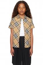 Детская бежевая клетчатая хлопковая рубашка Burberry Детская бежевая клетчатая хлопковая рубашка Burberry