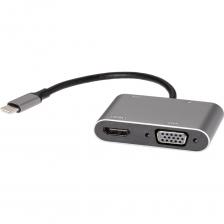 Адаптер-Переходник "5 в 1" Это лучшее решение, когда в вашем устройстве есть порт USB Type-C Появляется возможность увидеть информацию на большом экране (монитора, телевизора, проектора) в отличном качестве и со звуком! Сторона 1: USB Type-C (штекер Папа) Он пластичный и не позволяет расшатываться порту устройства, амортизируя подключения интерфейсов Дополнительный порт USB Type-C Power Delivery мощностью 100 Вт. Возможность двунаправленной подачи питания Сторона 2: USB 3.0 + PowerDelivery 3.0 100 Вт + Audio Mini Jack 3.5 мм USB 3.0 для подключения клавиатуры, мыши, флешки и других интерфейсов. Поддерживает OTG (On-The-Go) передачу данных: до 5 Гбит/с. Type C (зарядка): Power Delivery 3.0 100 Вт - возможность двунаправленной подачи питания Audio: TRS (Tip-Ring-Shield) Mini Jack 3.5 мм Сторона 3: Порт VGA + Порт HDMI Порт VGA (разъём Мама) максимальное разрешение видео сигнала 1080p 60Hz. Напоминаем, что разъём VGA передаёт видео изображение и не передаёт звук. Для передачи звукового сигнала используется Audio Mini Jack 3.5 мм (разъём Мама) Порт HDMI (разъём Мама): 4K 30Hz (только HDMI) максимальное разрешение видеосигнала и одновременная подача аудио сигнала, 1080p 60Hz для одновременного использования HDMI и VGA портов Приятный бонус: индивидуальный чехол для адаптера. Защитит от царапин, влаги и пыли Адаптер-Переходник "5 в 1" Это лучшее решение, когда в вашем устройстве есть порт USB Type-C Появляется возможность увидеть информацию на большом экране (монитора, телевизора, проектора) в отличном качестве и со звуком! Сторона 1: USB Type-C (штекер Папа) Он пластичный и не позволяет расшатываться порту устройства, амортизируя подключения интерфейсов Дополнительный порт USB Type-C Power Delivery мощностью 100 Вт. Возможность двунаправленной подачи питания Сторона 2: USB 3.0 + PowerDelivery 3.0 100 Вт + Audio Mini Jack 3.5 мм USB 3.0 для подключения клавиатуры, мыши, флешки и других интерфейсов. Поддерживает OTG (On-The-Go) передачу данных: до 5 Гбит/с. Type C (зарядка): Power Delivery 3.0 100 Вт - возможность двунаправленной подачи питания Audio: TRS (Tip-Ring-Shield) Mini Jack 3.5 мм Сторона 3: Порт VGA + Порт HDMI Порт VGA (разъём Мама) максимальное разрешение видео сигнала 1080p 60Hz. Напоминаем, что разъём VGA передаёт видео изображение и не передаёт звук. Для передачи звукового сигнала используется Audio Mini Jack 3.5 мм (разъём Мама) Порт HDMI (разъём Мама): 4K 30Hz (только HDMI) максимальное разрешение видеосигнала и одновременная подача аудио сигнала, 1080p 60Hz для одновременного использования HDMI и VGA портов Приятный бонус: индивидуальный чехол для адаптера. Защитит от царапин, влаги и пыли