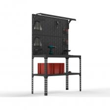 Стол-верстак Metalex серия SUN (одна полка + двойная перфопанель с комплектом освещения) серый подойдет для небольшой мастерской или производственного помещения. Модель оснащена светодиодным комплектом освещения, который обеспечивает комфортную работу пользователя. Перфопанель с комплектами аксессуаров является дополнительный элементом для стола - верстака, который увеличивает рабочее пространство и структурирует хранение инструмента. Перфопанели изготовлены из стали толщиной 0.8 мм. Крепление панели: болтовое. Верстак выполнен из стали толщиной 1,5 мм. Предназначен для удобной организации отдельного рабочего места на производствах, складах, гаражах, мастерских, и на других объектах. Максимум распределённой нагрузки на весь верстак составляет - до 350 кг. Максимум распределённой нагрузки на полку составляет - до 100 кг. Крепление верстака: безболтовое. Цвет: серый. Стол-верстак Metalex серия SUN (одна полка + двойная перфопанель с комплектом освещения) серый подойдет для небольшой мастерской или производственного помещения. Модель оснащена светодиодным комплектом освещения, который обеспечивает комфортную работу пользователя. Перфопанель с комплектами аксессуаров является дополнительный элементом для стола - верстака, который увеличивает рабочее пространство и структурирует хранение инструмента. Перфопанели изготовлены из стали толщиной 0.8 мм. Крепление панели: болтовое. Верстак выполнен из стали толщиной 1,5 мм. Предназначен для удобной организации отдельного рабочего места на производствах, складах, гаражах, мастерских, и на других объектах. Максимум распределённой нагрузки на весь верстак составляет - до 350 кг. Максимум распределённой нагрузки на полку составляет - до 100 кг. Крепление верстака: безболтовое. Цвет: серый.