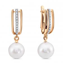 Золотые серьги с жемчугом и фианитами с родированием Золотые серьги с жемчугом и фианитами с родированием