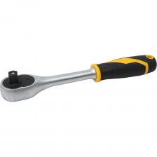 Трещоточный ключ ускоряет процесс работы с крепежом, а также позволяет быстро изменить направления вращения и размер используемой головки. Дополнительным преимуществом при работе с трещоткой является возможность комбинировать привод с удлинителями различной длины, а также карданными шарнирами и переходниками. Трещоточный механизм 72 зубца (5°) Переключатель реверса флажковый Фиксатор кнопочный Материалы инструментальная сталь Cr-V (корпус), Cr-Mo (трещоточный механизм), хром, PP+TPR (рукоять) Трещоточный ключ ускоряет процесс работы с крепежом, а также позволяет быстро изменить направления вращения и размер используемой головки. Дополнительным преимуществом при работе с трещоткой является возможность комбинировать привод с удлинителями различной длины, а также карданными шарнирами и переходниками. Трещоточный механизм 72 зубца (5°) Переключатель реверса флажковый Фиксатор кнопочный Материалы инструментальная сталь Cr-V (корпус), Cr-Mo (трещоточный механизм), хром, PP+TPR (рукоять)