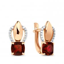 Золотые серьги с гранатом и фианитами с родированием Золотые серьги с гранатом и фианитами с родированием