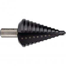 Ступенчатое сверло предназначено для высверливания отверстий в листовом металле (сталь, алюминий, латунь, бронза), пластике, плексигласе. Изготовлено из высококачественной быстрорежущей стали HSS. Режущие кромки отшлифованы кубическим нитридом бора (CBN). Стружечная канавка прямой формы. Оптимизированная геометрия режущей кромки. Трёхплоскостной хвостовик для улучшенной передачи крутящего момента. Благодаря большому диапазону диаметров можно использовать всего один инструмент для широкого спектра работ. Шлифовка CBN Покрытие: TiAlN - титан-алюминиевый нитрид Толщина покрытия: до 4 мкм для очень твёрдых материалов Температурная устойчивость до 800° C, нет необходимости в охлаждении Размер: 9 - 12 - 15 - 18 - 21 - 24 - 27 - 30 - 33 - 36 мм, шаг 3 м Диаметр сверла, мм: 9 - 36 Шаг, мм: 3 Высота сегмента, мм: 3 Количество ступеней: 10 Ступенчатое сверло предназначено для высверливания отверстий в листовом металле (сталь, алюминий, латунь, бронза), пластике, плексигласе. Изготовлено из высококачественной быстрорежущей стали HSS. Режущие кромки отшлифованы кубическим нитридом бора (CBN). Стружечная канавка прямой формы. Оптимизированная геометрия режущей кромки. Трёхплоскостной хвостовик для улучшенной передачи крутящего момента. Благодаря большому диапазону диаметров можно использовать всего один инструмент для широкого спектра работ. Шлифовка CBN Покрытие: TiAlN - титан-алюминиевый нитрид Толщина покрытия: до 4 мкм для очень твёрдых материалов Температурная устойчивость до 800° C, нет необходимости в охлаждении Размер: 9 - 12 - 15 - 18 - 21 - 24 - 27 - 30 - 33 - 36 мм, шаг 3 м Диаметр сверла, мм: 9 - 36 Шаг, мм: 3 Высота сегмента, мм: 3 Количество ступеней: 10