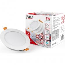 Комплект светильников Светильник встраиваемый Gauss Downlight круг 5W 430lm 4000K IP20 95*26 бел (комплект 3 шт. в упак.) LED, 9100420205T Комплект светильников Светильник встраиваемый Gauss Downlight круг 5W 430lm 4000K IP20 95*26 бел (комплект 3 шт. в упак.) LED, 9100420205T