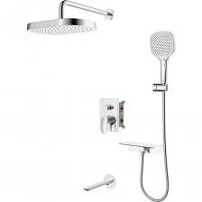 Душевая система Azure – это продуманный выбор для комфортного дома с душевой зоной на три выхода: с ручным душем, изливом, и тропическим душем. Модель подходит для установки как в зоне ванной, так и душевой. Встраиваемый монтажный блок со всеми механизмами скрыт под отделкой, видимыми остаются только элементы управления и душевые аксессуары трендовой квадратной формы. Встраиваемую душевую систему можно установить практически в любом удобном месте ванной комнаты, в том числе, на разных стенах. Конструкция и материал стен не имеют значения. А глубина установки регулируется – достаточно срезать выступающие гофрированные края. Сантехнику без выступающих деталей проще поддерживать в чистоте. Пластиковый бокс защищает устройство подачи воды от внешнего воздействия, что продлевает срок службы душевой системы. Подходит для систем с водой высокой температуры (70-80 °С) в трубах. Например, при эксплуатации с газовой колонкой. Оптимальная толщина никель-хромового покрытия защищает смеситель от образования трещин и сколов, продлевает срок его службы. В комплекте есть все необходимое для использования сразу после установки: душевой шланг (1,5 м) в оплетке из нержавеющей стали; тропический душ и трехрежимная ручная лейка с режимом работы «водный туман» для максимального расслабления. Выход для шланга интегрирован с небольшой полочкой. Гарантия на душевую систему Milardo® – 7 лет, на водозапорный механизм – 3 года, на душевые аксессуары – 1 год. Душевая система Azure – это продуманный выбор для комфортного дома с душевой зоной на три выхода: с ручным душем, изливом, и тропическим душем. Модель подходит для установки как в зоне ванной, так и душевой. Встраиваемый монтажный блок со всеми механизмами скрыт под отделкой, видимыми остаются только элементы управления и душевые аксессуары трендовой квадратной формы. Встраиваемую душевую систему можно установить практически в любом удобном месте ванной комнаты, в том числе, на разных стенах. Конструкция и материал стен не имеют значения. А глубина установки регулируется – достаточно срезать выступающие гофрированные края. Сантехнику без выступающих деталей проще поддерживать в чистоте. Пластиковый бокс защищает устройство подачи воды от внешнего воздействия, что продлевает срок службы душевой системы. Подходит для систем с водой высокой температуры (70-80 °С) в трубах. Например, при эксплуатации с газовой колонкой. Оптимальная толщина никель-хромового покрытия защищает смеситель от образования трещин и сколов, продлевает срок его службы. В комплекте есть все необходимое для использования сразу после установки: душевой шланг (1,5 м) в оплетке из нержавеющей стали; тропический душ и трехрежимная ручная лейка с режимом работы «водный туман» для максимального расслабления. Выход для шланга интегрирован с небольшой полочкой. Гарантия на душевую систему Milardo® – 7 лет, на водозапорный механизм – 3 года, на душевые аксессуары – 1 год.