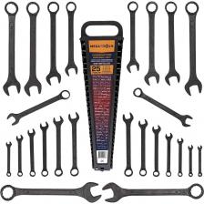 Набор комбинированных ключей, 25 предметов на пластиковом держателе от бренда MEGATOOLS - это самый распространённый и популярный тип гаечного ключа, сочетающий в себе конструкции рожкового и накидного профиля. Ключи гаечные с открытым и кольцевым зевами предназначены для монтажа либо демонтажа резьбовых соединений.Накидная часть имеет 12 граней и подходит для ремонта легковых и грузовых автомобилей, мототехники, квадроциклов, снегоходов, гидроциклов, спецтехники, садовой техники и прочих слесарно-монтажных работ с болтовым и гаечным крепежом. Ключи комбинированные – это универсальные гаечные ключи, совмещающие в себе функционал и преимущества рожковых и накидных ключей. Зевы комбинированных ключей имеют одинаковые размеры.Размеры ключей: 6, 7, 8, 9, 10, 11, 12, 13, 14, 15, 16, 17, 18, 19, 20, 21, 22, 23, 24, 25, 26, 27, 28, 30, 32 мм.Преимущества:Универсальность: Сочетание рожкового и накидного профиля позволяет использовать ключи в различных ситуациях.Доступ в труднодоступные места: Рожковая сторона ключа подходит для работы с крепежом, к которому есть доступ лишь с одной стороны.Подходит для высоких нагрузок: Накидная часть предназначена для работы с высоко нагруженными резьбовыми соединениями.Качество материалов: Изготовлены из углеродистой стали с антикоррозийным покрытием для долговечности.Компактное хранение: Поставляются в удобном пластиковом держателе, что облегчает транспортировку и хранение Набор комбинированных ключей, 25 предметов на пластиковом держателе от бренда MEGATOOLS - это самый распространённый и популярный тип гаечного ключа, сочетающий в себе конструкции рожкового и накидного профиля. Ключи гаечные с открытым и кольцевым зевами предназначены для монтажа либо демонтажа резьбовых соединений.Накидная часть имеет 12 граней и подходит для ремонта легковых и грузовых автомобилей, мототехники, квадроциклов, снегоходов, гидроциклов, спецтехники, садовой техники и прочих слесарно-монтажных работ с болтовым и гаечным крепежом. Ключи комбинированные – это универсальные гаечные ключи, совмещающие в себе функционал и преимущества рожковых и накидных ключей. Зевы комбинированных ключей имеют одинаковые размеры.Размеры ключей: 6, 7, 8, 9, 10, 11, 12, 13, 14, 15, 16, 17, 18, 19, 20, 21, 22, 23, 24, 25, 26, 27, 28, 30, 32 мм.Преимущества:Универсальность: Сочетание рожкового и накидного профиля позволяет использовать ключи в различных ситуациях.Доступ в труднодоступные места: Рожковая сторона ключа подходит для работы с крепежом, к которому есть доступ лишь с одной стороны.Подходит для высоких нагрузок: Накидная часть предназначена для работы с высоко нагруженными резьбовыми соединениями.Качество материалов: Изготовлены из углеродистой стали с антикоррозийным покрытием для долговечности.Компактное хранение: Поставляются в удобном пластиковом держателе, что облегчает транспортировку и хранение